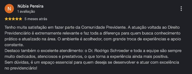 Recorte original da avaliação de Núbia Pereira no Google, com cinco estrelas
